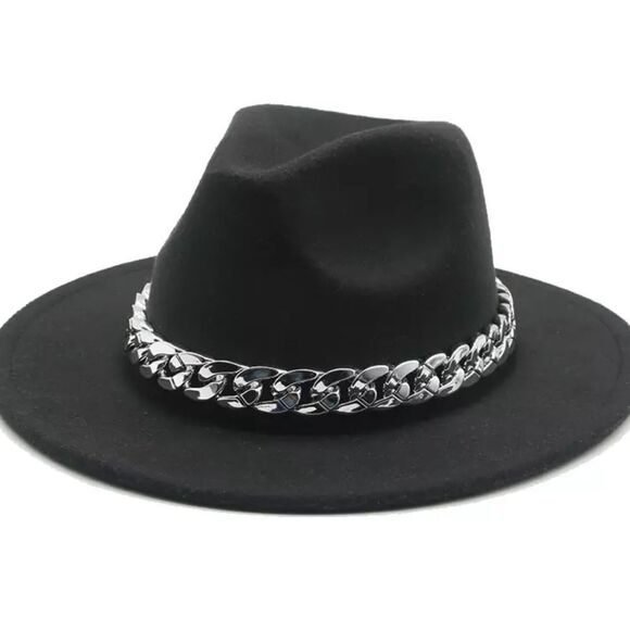Black Stiff Brim Tall Dented Crown Silver Chain Band Trilby Fedora Hat NEW